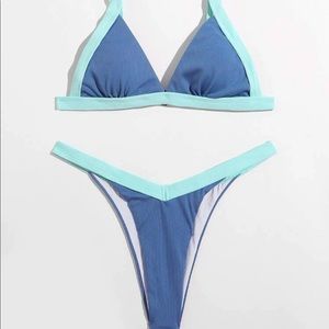SHEIN | XS Blue Contrast Binding Rib Triangle Thong Bikini Swimsuit